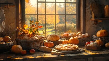 Thanksgiving harvest scene in a rustic kitchen. Freshly baked pies, loaves of bread, and baskets of apples and pumpkins are spread across the counter.