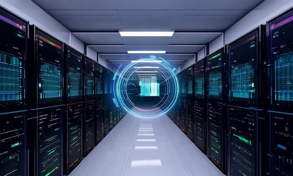 Close Up Server Room and Big Data Processing Concept with Datacenter and Digital Information Technology on Neon Dark Gradient Background