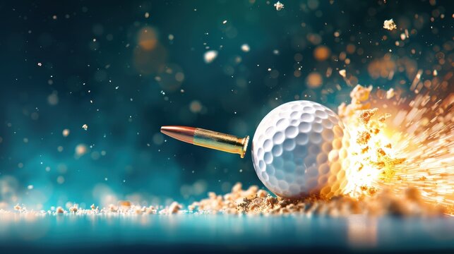 Bullet Striking a Golf Ball. An image of a bullet hitting a golf ball, showcasing the deformation of the golf ball and the impact crater created by the bullet.