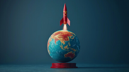 Red Rocket Launching From Earth Globe: A red paper rocket blasts off from a miniature earth globe, symbolizing ambition, progress, and global impact. The bold color palette and dynamic composition evo
