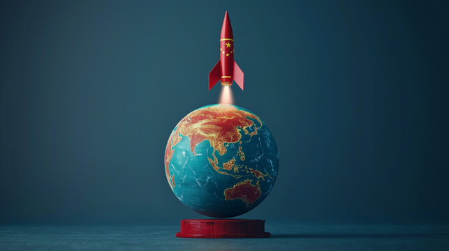Red Rocket Launching From Earth Globe: A red paper rocket blasts off from a miniature earth globe, symbolizing ambition, progress, and global impact. The bold color palette and dynamic composition evo