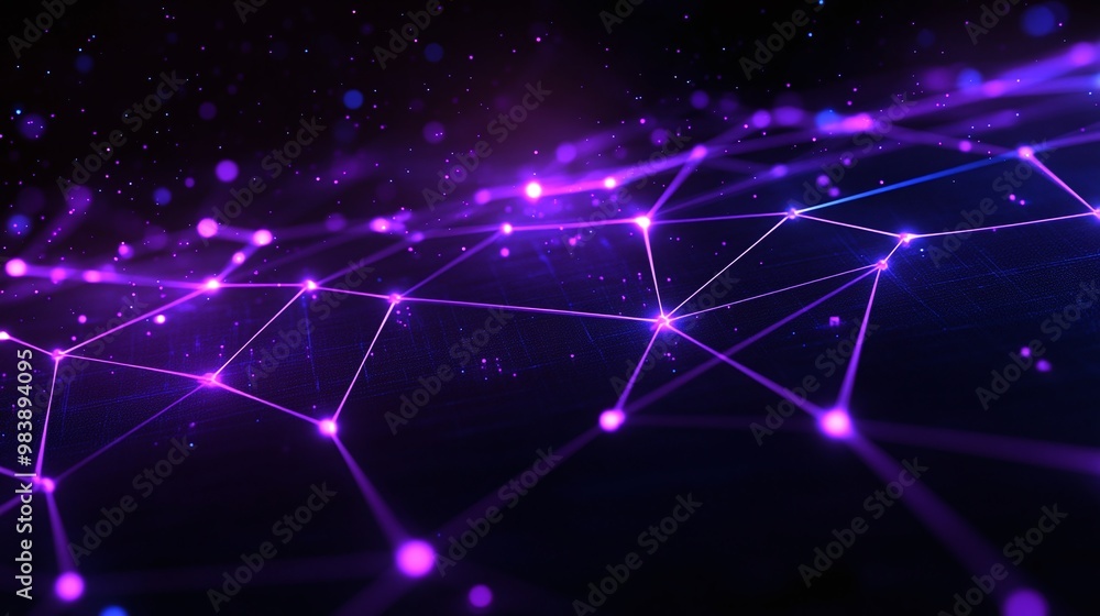 Poster a mesmerizing abstract background showcasing glowing purple lines and nodes, creating a vibrant netw