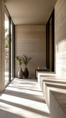 Fototapeta premium A serene modern interior showcasing minimalist design with natural light filtering through large windows and decorative greenery