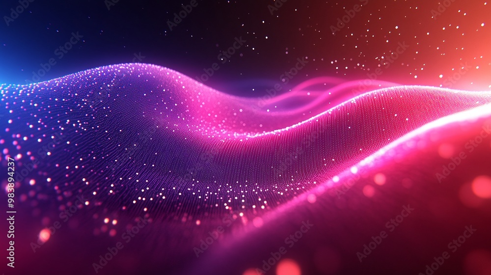 Poster a mesmerizing abstract landscape featuring vibrant pink and blue waves filled with sparkling particl
