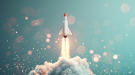 A rocket launching into space, with a trail of smoke and fire.