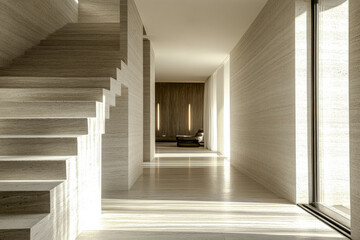 Obraz premium Modern interior design featuring elegant staircase and spacious living area with abundant natural light in contemporary residence