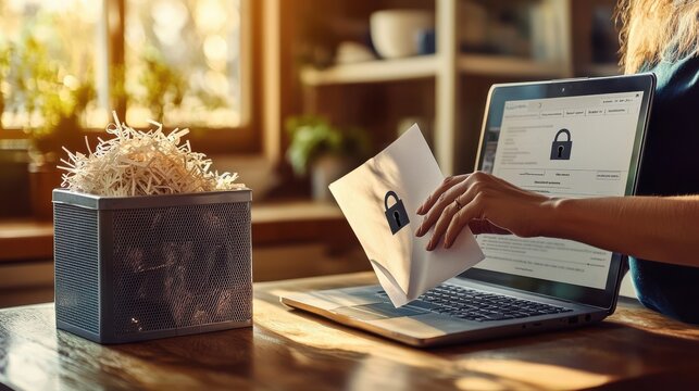 Person shredding secure documents next to a laptop with data encryption
