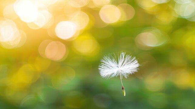 A single dandelion seed floating gently in the air, with a soft, blurred background.