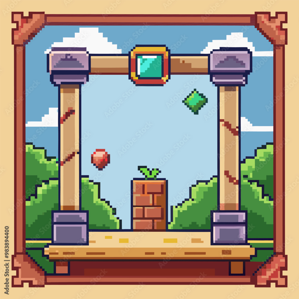 Aufkleber pixel art retro game frame with floating gems and columns
