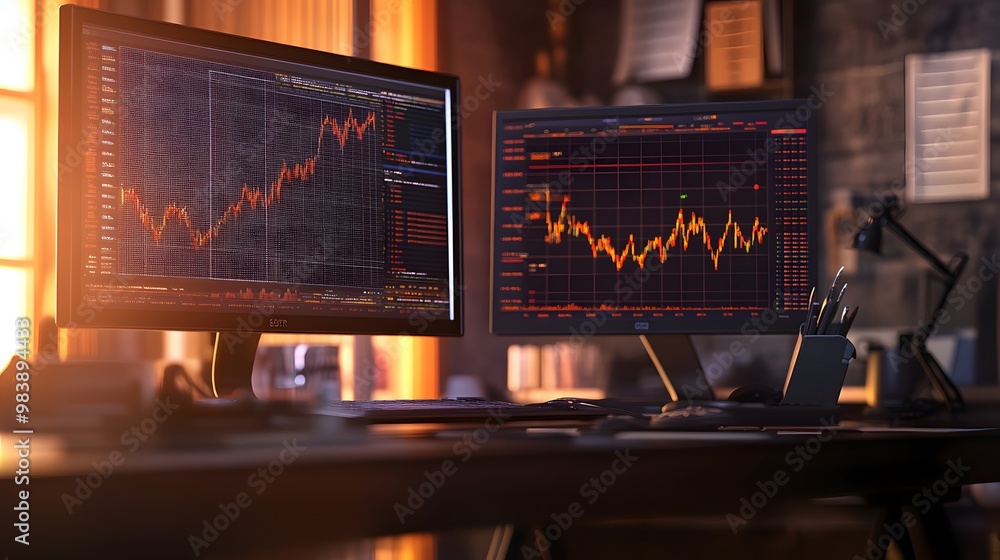 Poster a work desk with rise and fall graphs displayed on a computer screen to analyze volatility charts.