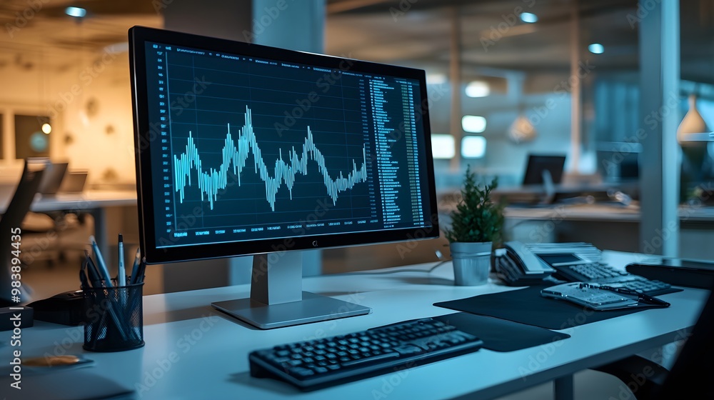 Poster a work desk with rise and fall graphs displayed on a computer screen to analyze volatility charts.