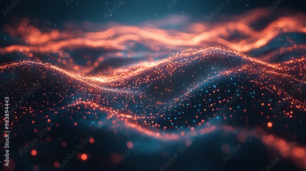 Poster a mesmerizing abstract wave of luminous particles glowing in blue and orange tones, creating a capti