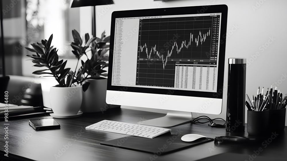 Poster work desk with graphs and computer screen to analyze volatility charts. high resolution black and wh