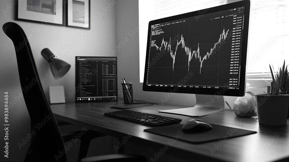 Poster work desk with graphs and computer screen to analyze volatility charts. high resolution black and wh