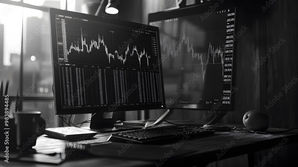 Poster work desk with graphs and computer screen to analyze volatility charts. high resolution black and wh