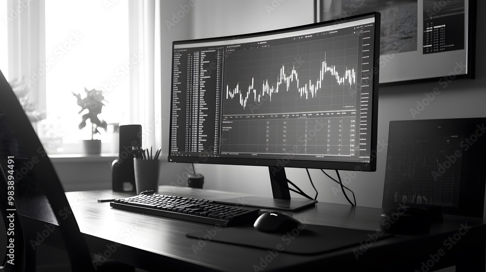Poster work desk with graphs and computer screen to analyze volatility charts. high resolution black and wh