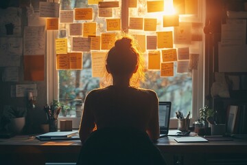 Reflective Women Reviewing Goals Surrounded by Motivational Quotes at Tidy Desk with Laptop