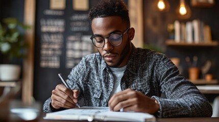 Productive Men Reviewing Weekly Goals on Digital Planner at Minimalist Desk with Motivational Quotes