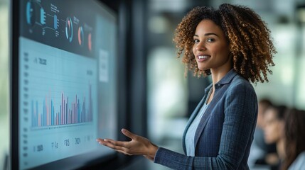 Leading with Diversity Businesswoman Presenting Positive Financial Trends to Team in Conference Room