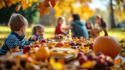 Vibrant outdoor Thanksgiving gathering in a park during autumn. A family is enjoying a picnic-style feast, surrounded by colorful fall leaves and the crisp air.