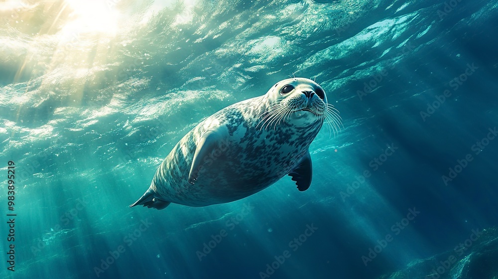 Sticker an adorable seal swimming beneath the sun-dappled surface of the sea 