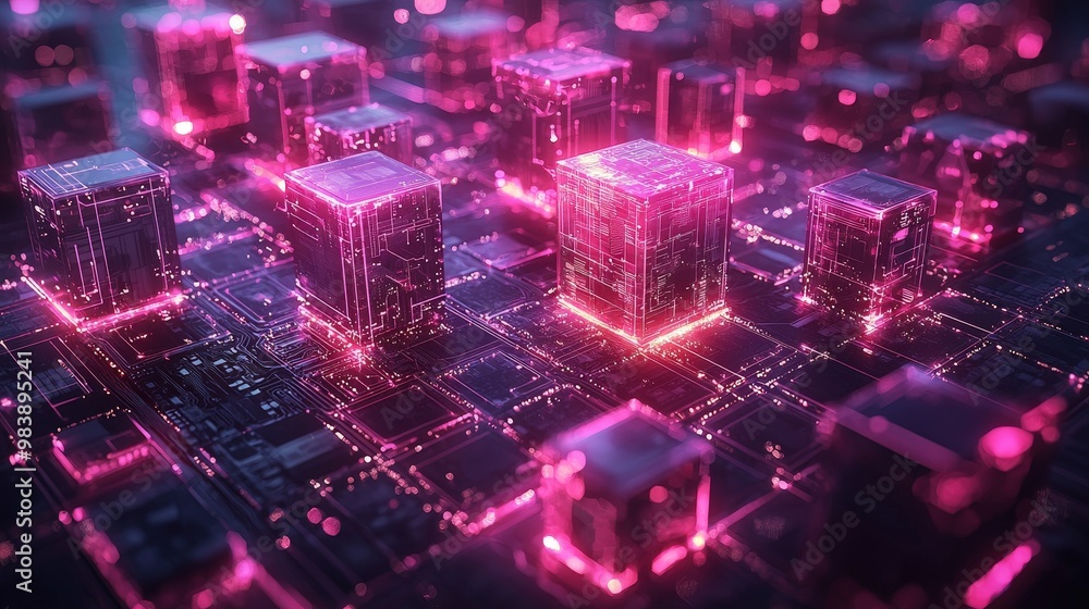 Poster futuristic circuit board with glowing cubes and abstract patterns
