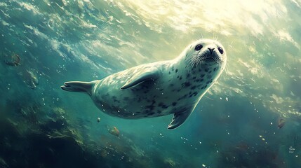 an adorable seal swimming beneath the sun-dappled surface of the sea