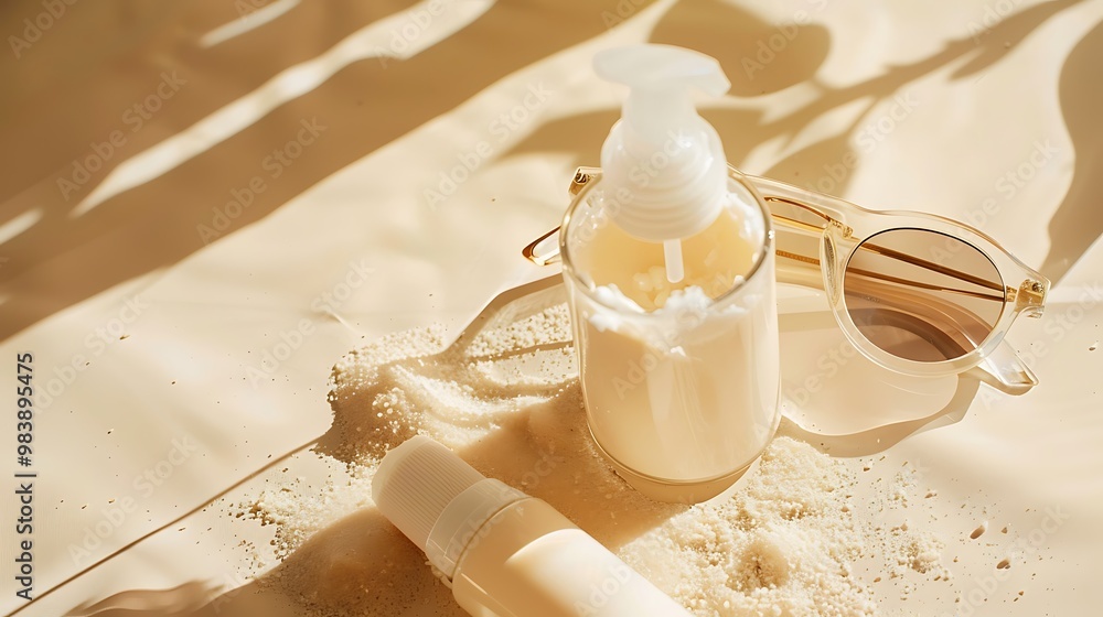 Wall mural Sand mold on a cream table sunglasses and a baby sunblock bottle