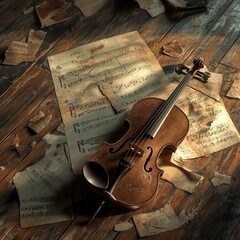 Naklejka premium A violin lying broken on the floor, with torn sheet music scattered around, symbolizing grief through the loss of art, [emotion], [grief and silence].