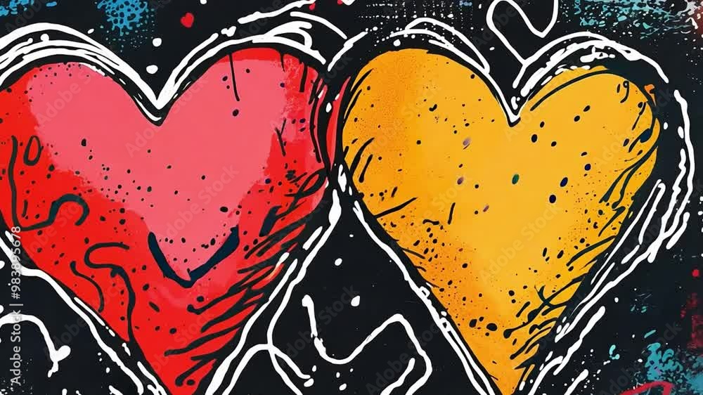 Poster two hearts, one red and one yellow, feature heartbeat lines in a stylized, colorful composition. the