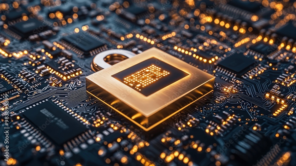 Poster gold padlock on illuminated circuit board cybersecurity data protection security digital technology
