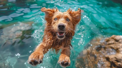 LOW ANGLE VIEW: Adventurous dog leaping into crystal clear turquoise sea from a rocky shore. Cute brown doggo enjoys on summer holidays