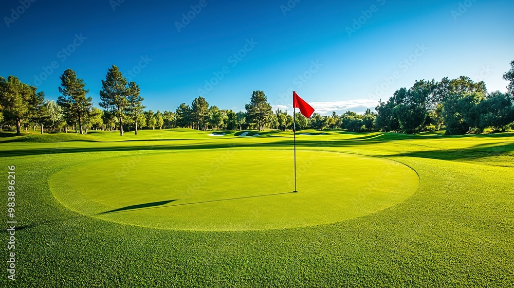 Poster A view of the golf course on a sunny day. The green of a golf course with a red flag stuck in the hole cup under a clear blue sky. -