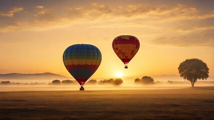 Obraz premium Hot air balloon at sunrise, in a wide field, calm atmosphere