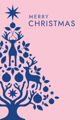 Christmas greeting card with deer, festive tree and ornament designs in modern blue and pink colors