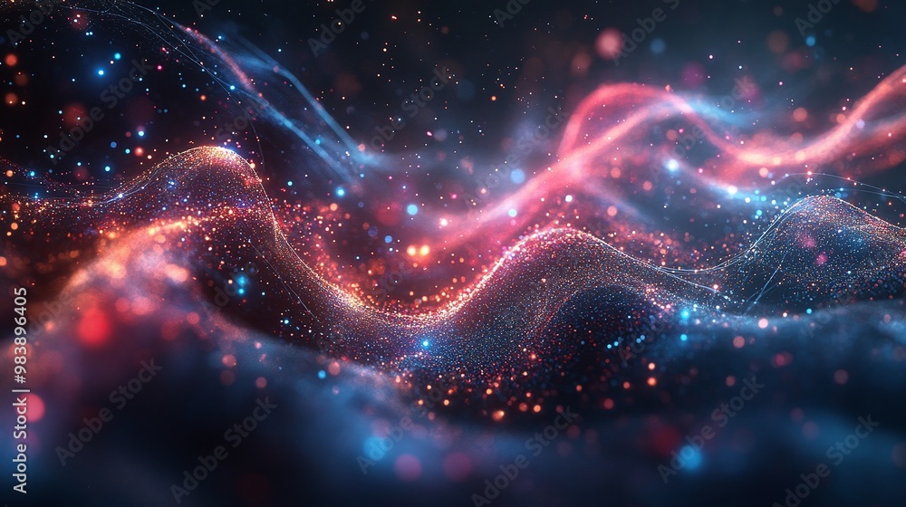 Poster A vibrant abstract background featuring luminous waves of color and sparkling particles, creating a sense of depth and movement.