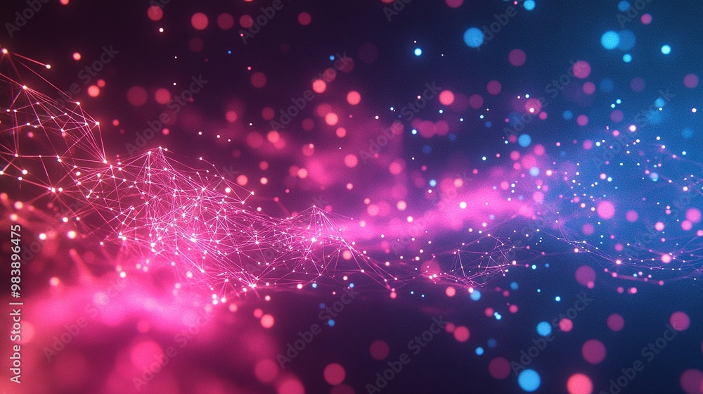 Poster a vibrant abstract background featuring swirling particles in pink and blue hues, creating a dynamic