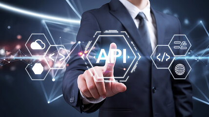 Obraz premium API interface, Application programming interface, Businessmen Interacting with a Futuristic API Interface, business technology, API integration