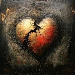 Abstract shapes of a broken heart with dark, swirling textures, [heartbreak], [emotional grief].