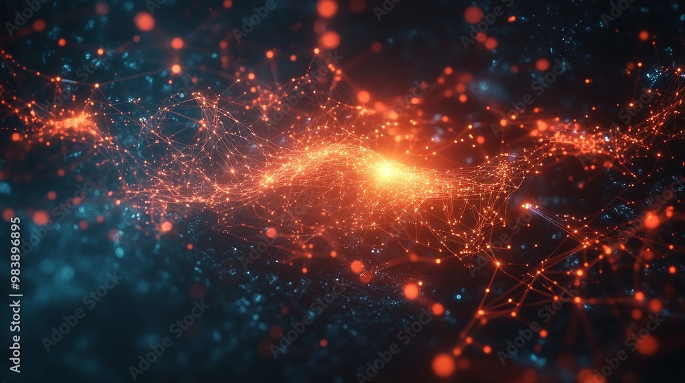 Poster a vibrant abstract design with glowing particles in orange and blue colors, creating a mesmerizing c