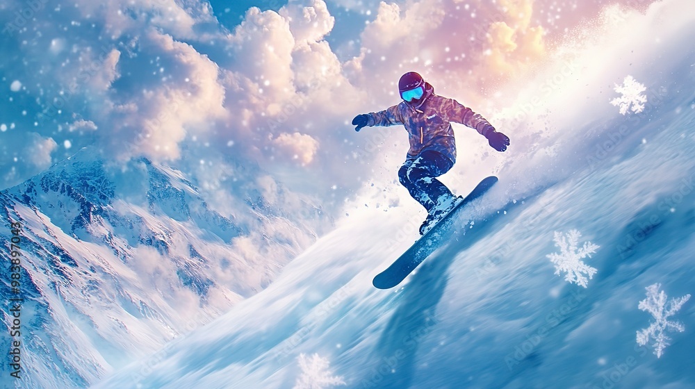 Canvas Prints A snowboarding slope on a frozen cloud, where riders carve through ethereal snowflakes and race down