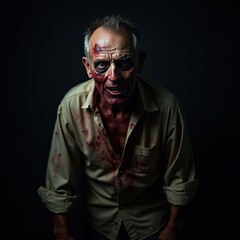 Terrifying portrait of a middle-aged man with rotting zombie makeup and torn clothes as he stalks the night isolated on dark solid color background