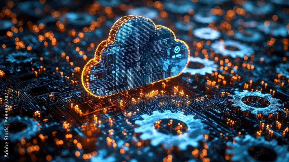 Poster cloud computing technology concept with circuit board and gears