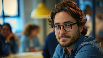 Obraz premium Portrait of confident young businessman during team meeting.