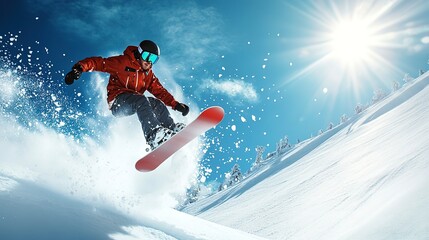 A snowboarder is in mid-air, performing a trick on a snow-covered slope 