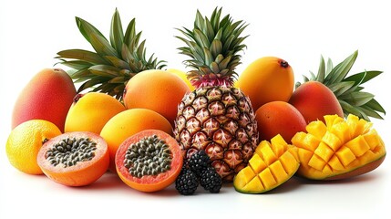 Fresh Tropical Fruits  Pineapple  Mango  Papaya  Blackberries  Isolated White Background