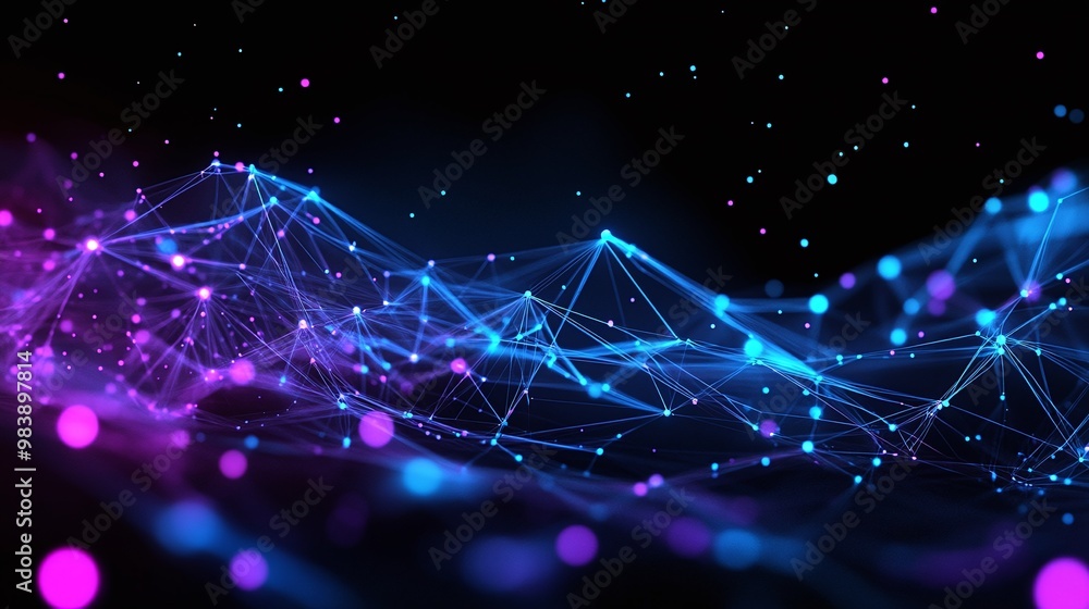 Poster a vibrant abstract representation of interconnected lines and dots, showcasing a data network in pur