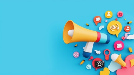 A colorful megaphone surrounded by vibrant communication icons on a blue background, symbolizing effective messaging and outreach.