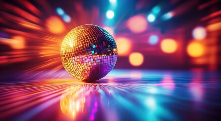 Fototapeta premium A vibrant disco ball with colorful lights reflecting off its surface, creating an energetic and lively atmosphere in the background.