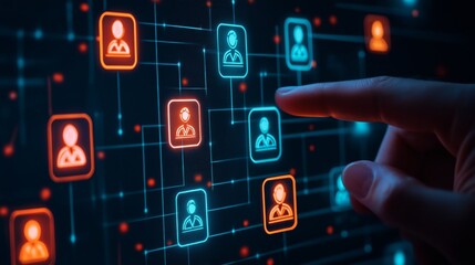 A hand interacting with a digital network, showcasing user connections through vibrant icons and lines, symbolizing communication.
